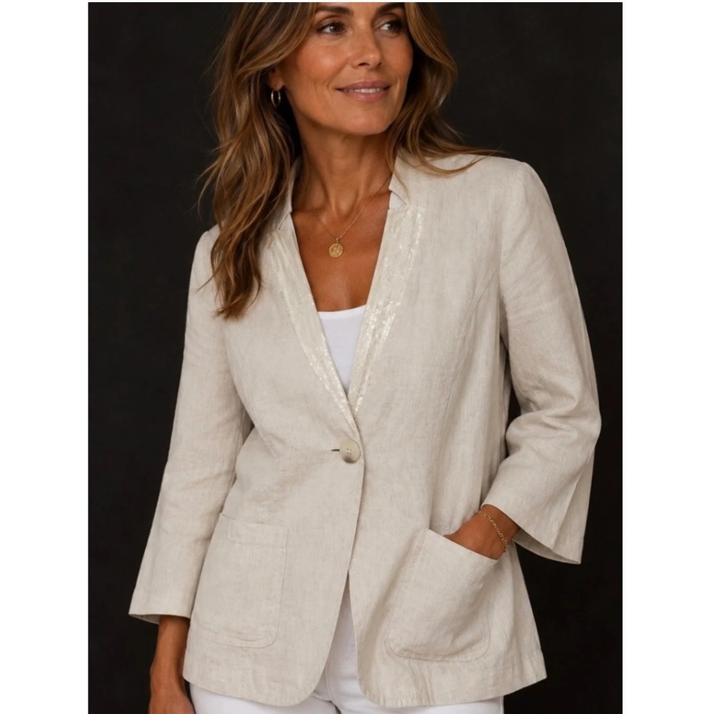 New Chico's Women's Beige Linen Sequin Trim 3/4 Sleeve Blazer Jacket Sz 2 L